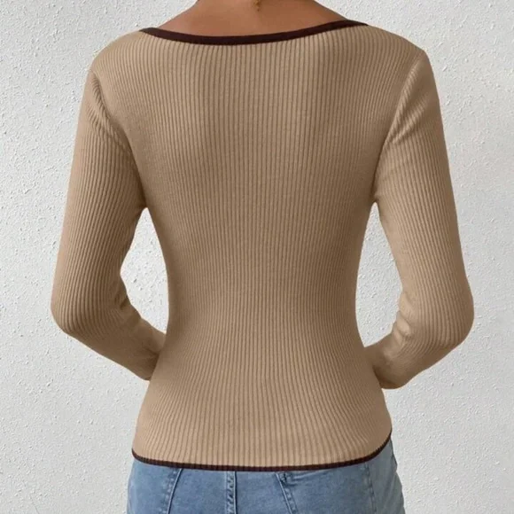 Ribbed V-Neck Tan Sweetheart Neck Contrast Trim Sweater,Long Sleeve Tops S - Picture 2 of 8